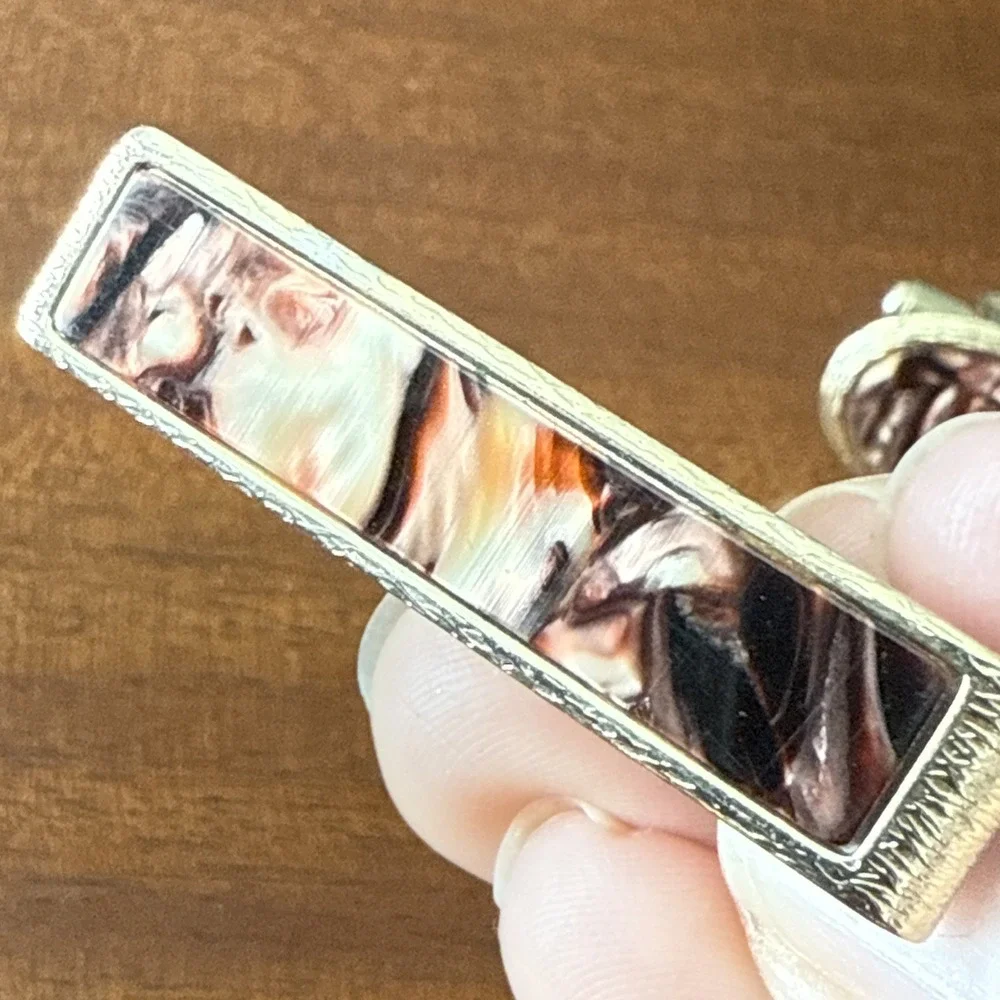 Vintage Marbled Lucite Cufflinks & Tie Bar Set • Gold Tone Oval & Rectangle Desi
